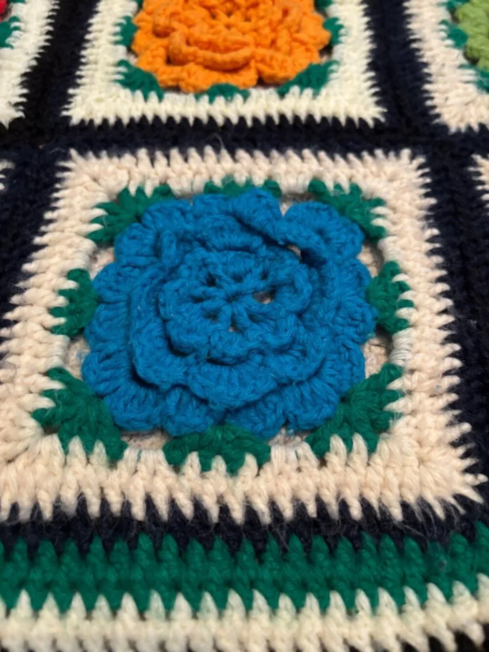 Handmade Crochet Afghan Blanket With 3D Floral Squares Multicolor Design Large T
